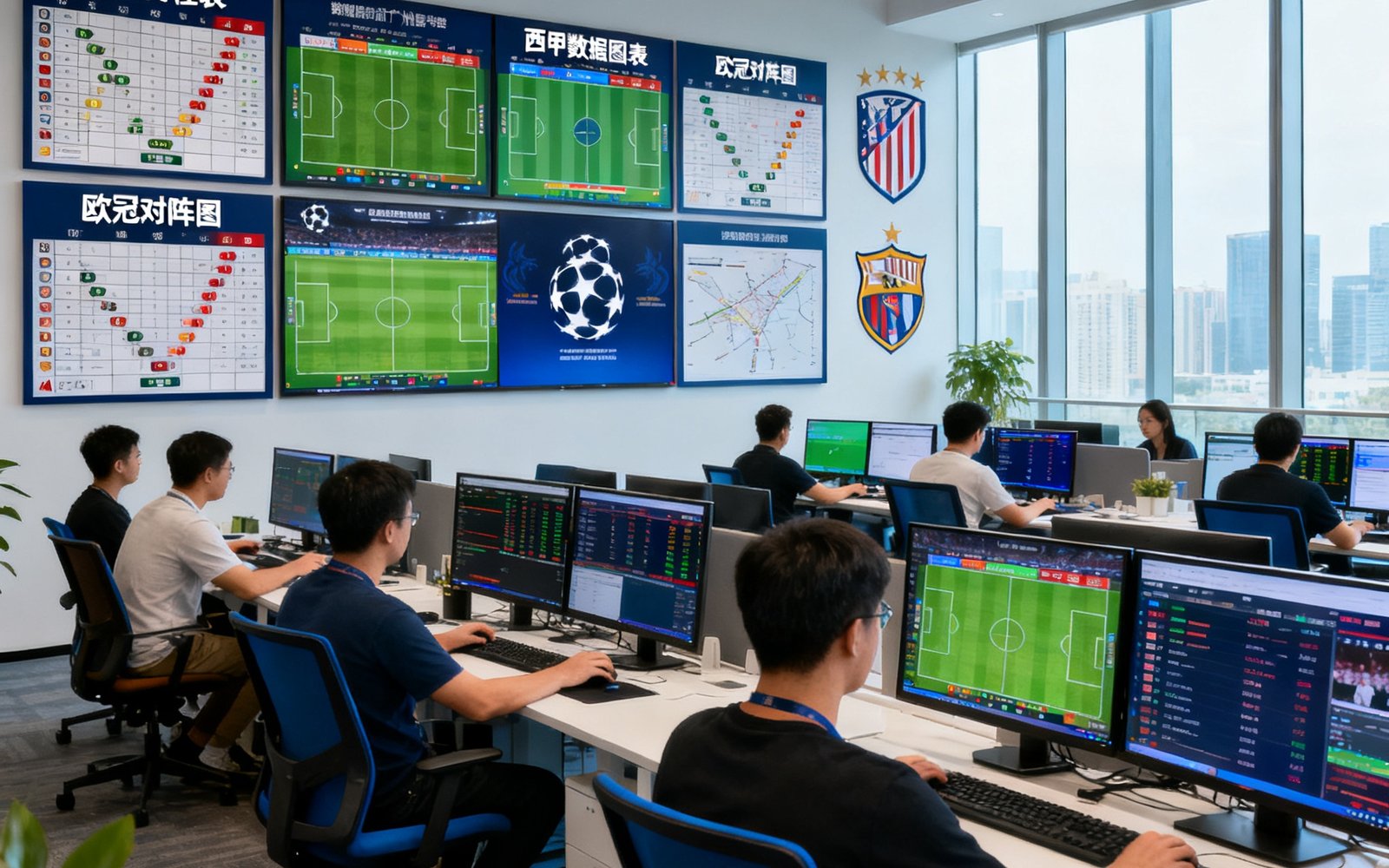球速体育广州总部办公室内景，宽敞明亮的开放式办公区中，数据工程师和赛事分析师们在多块大屏幕前协作工作，墙上挂满了各大联赛的赛程表和数据图表。