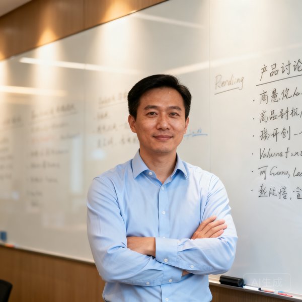 球速体育产品总监陈浩的半身肖像照，一位三十五岁左右的男性，穿着浅蓝色衬衫，双臂交叉，背景是产品讨论会的白板墙。